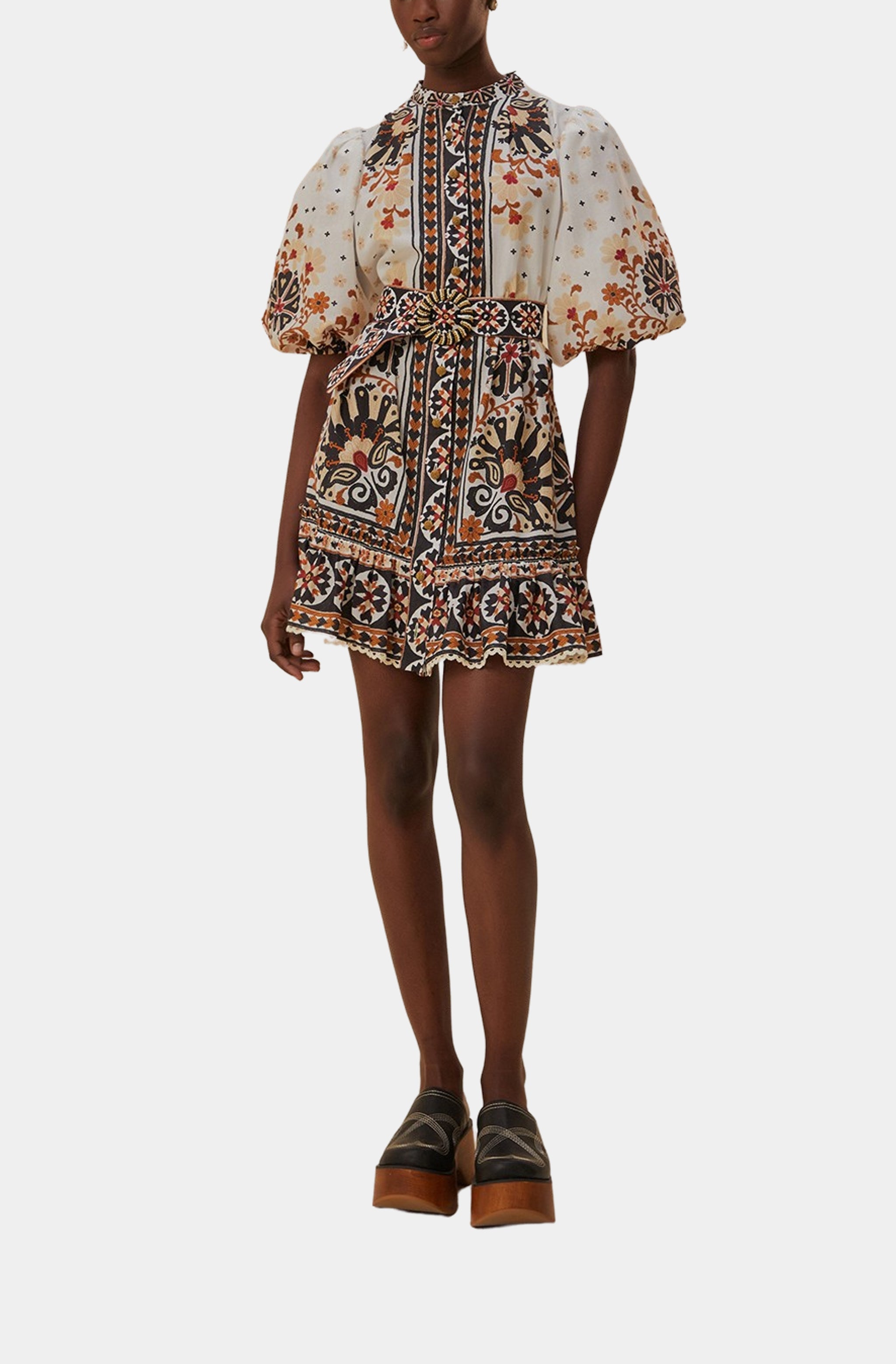 Flower Fan Tapestry Off-White Mini Dress