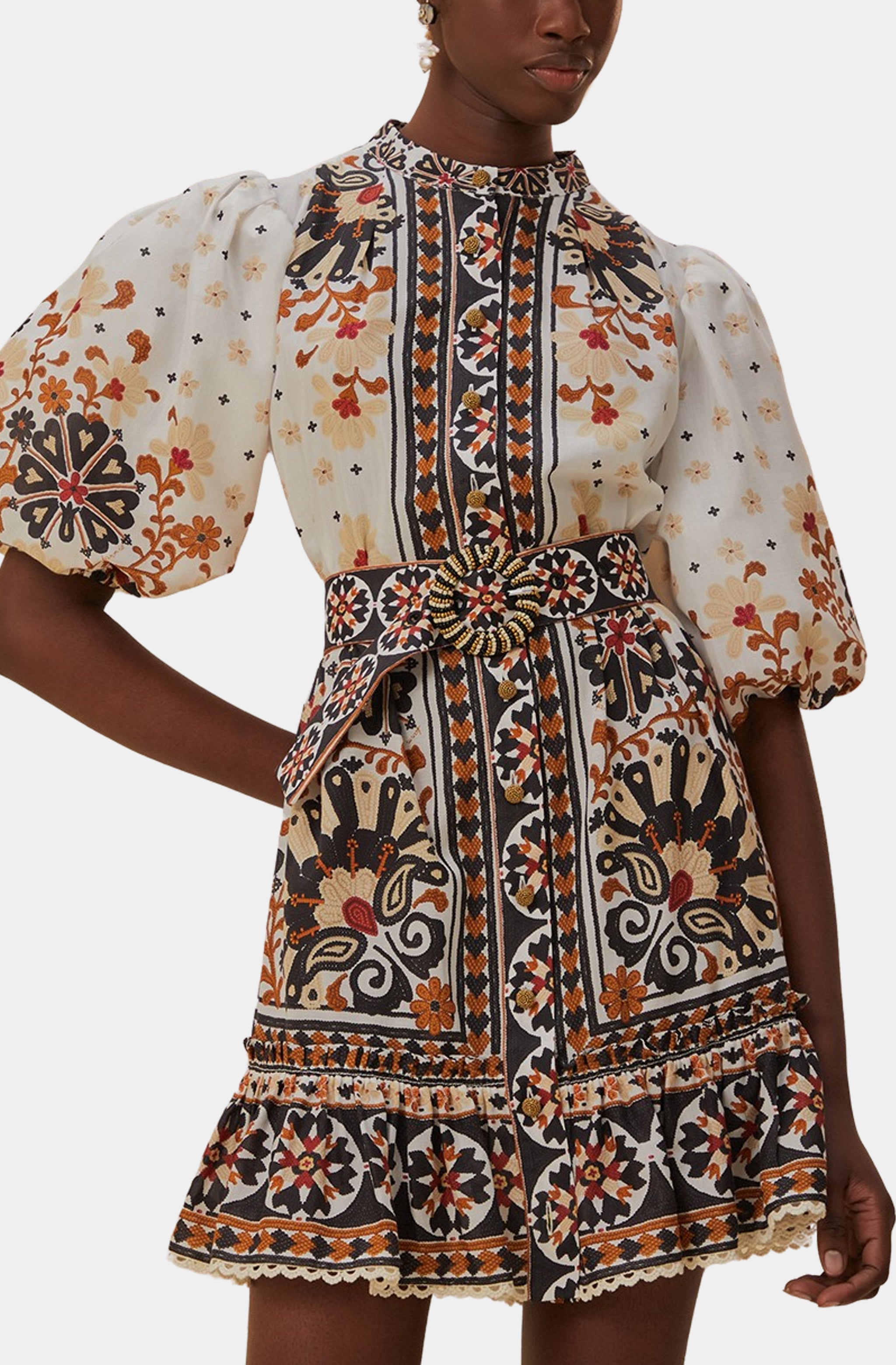Flower Fan Tapestry Off-White Mini Dress