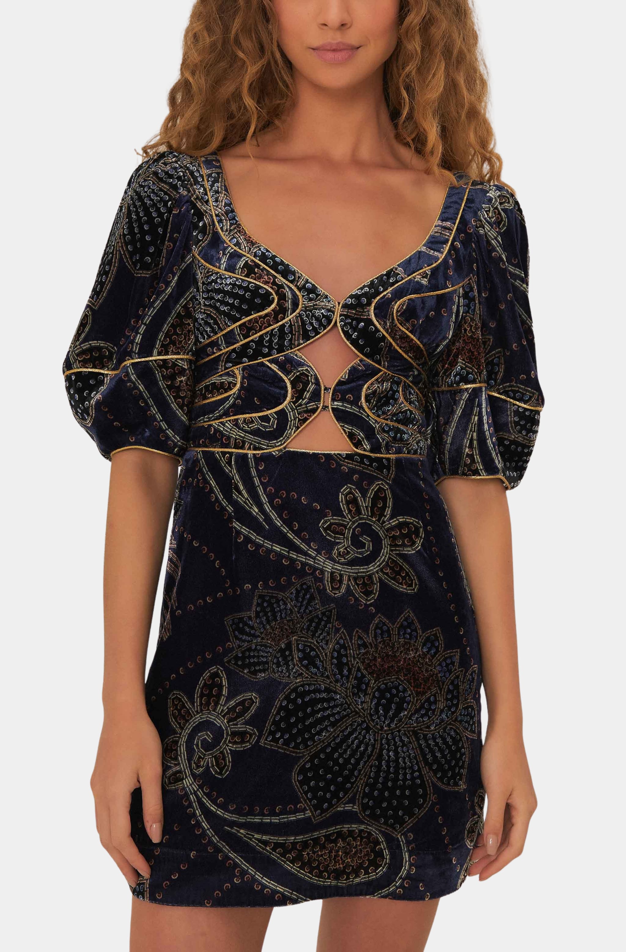 Floral Glam Scarf Blue Velvet Mini Dress Hemline Woodway Floral Glam Scarf Blue Velvet Mini Dress Hemline Woodway