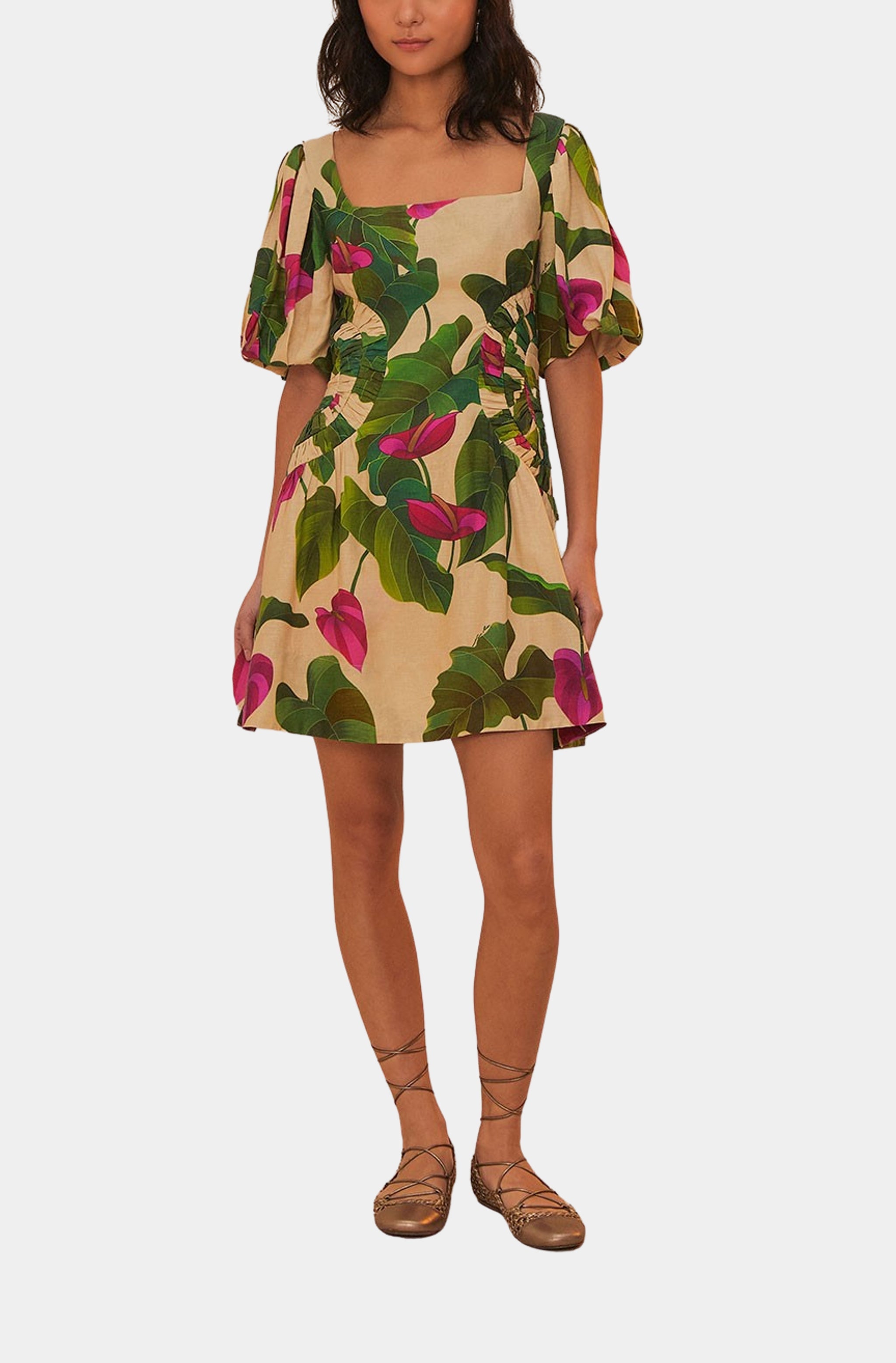 farm rio anthurium dress Anthurium Leaves Sand Short Sleeve Square Neckline Mini Dress – Hemline Woodway