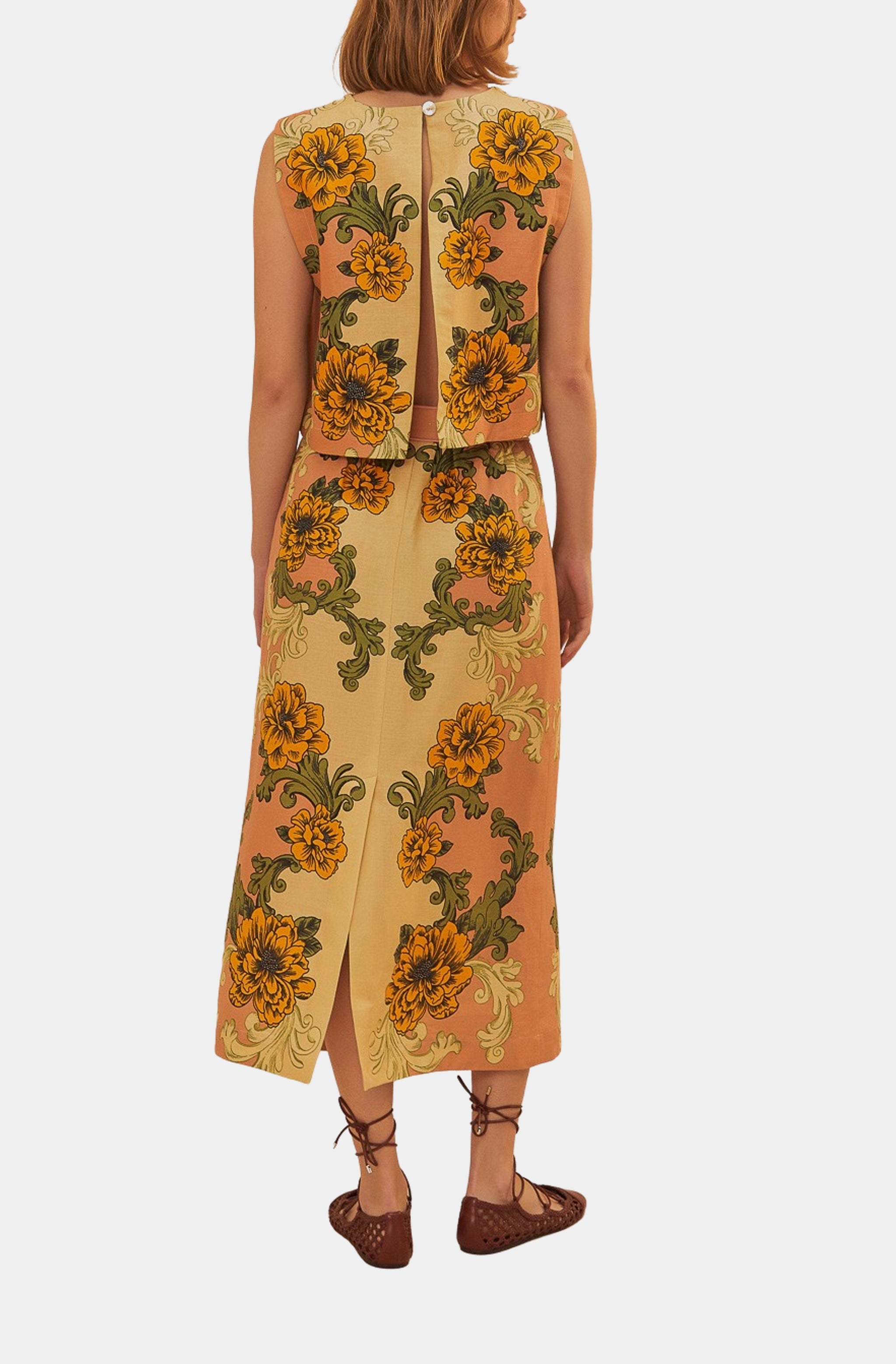 delicate flower arabesques midi dress FARM Rio Delicate Flower Arabesques Pink Midi Skirt