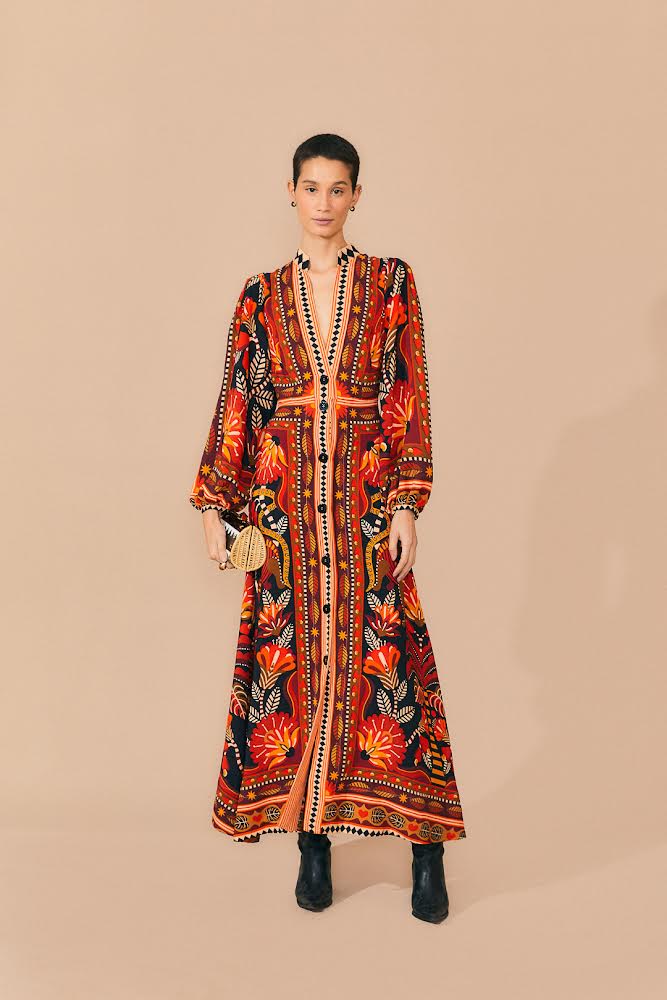 Nature Beauty Red Scarf Long Sleeve Maxi Dress