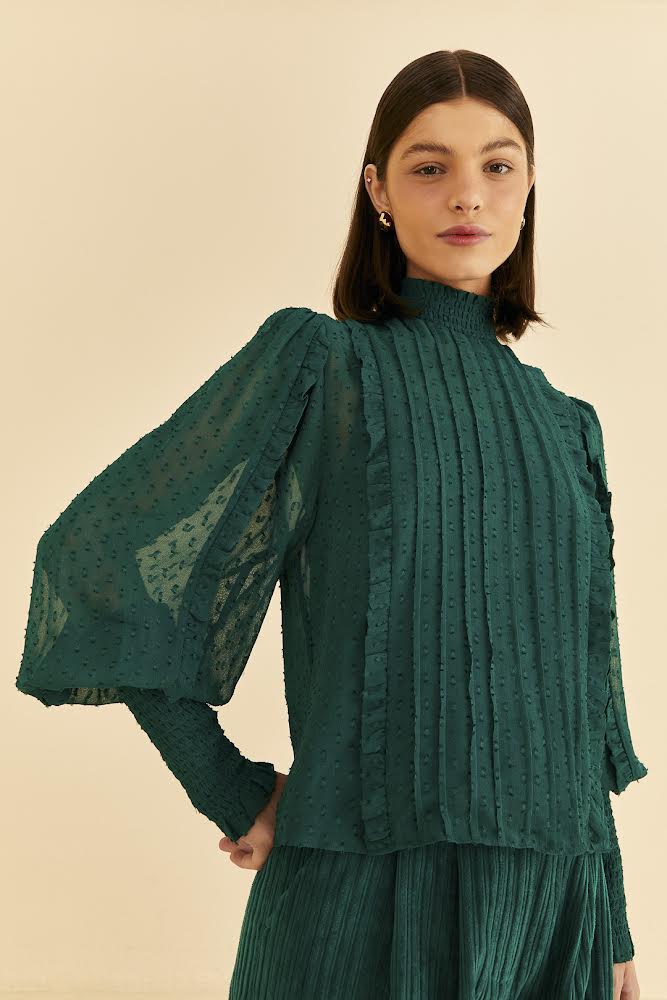 Emerald Ruffled Long Sleeve Blouse