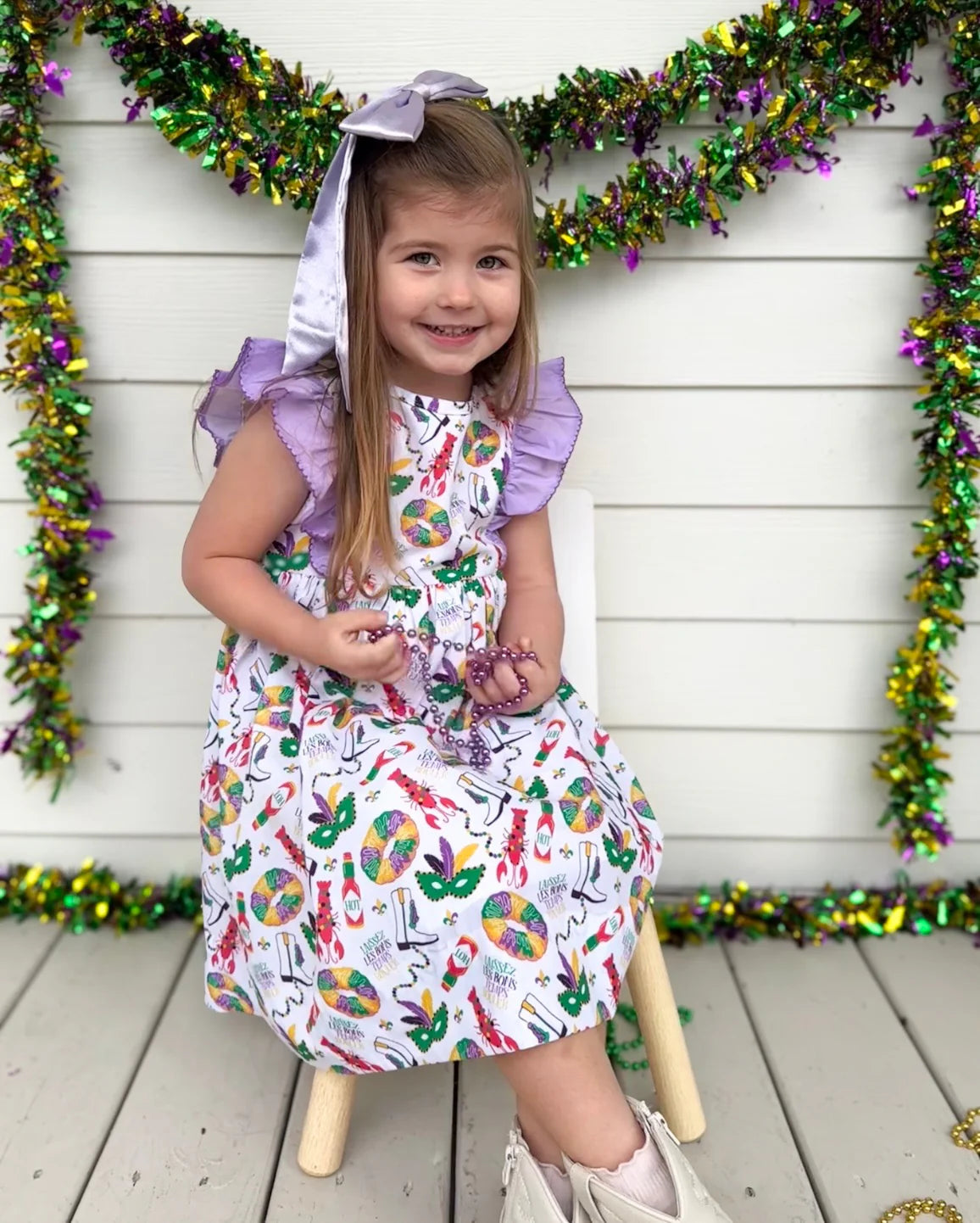 Sawyer + Spade X Hemline Mardi Gras Toddler Girl Ruffle Sleeve Dress