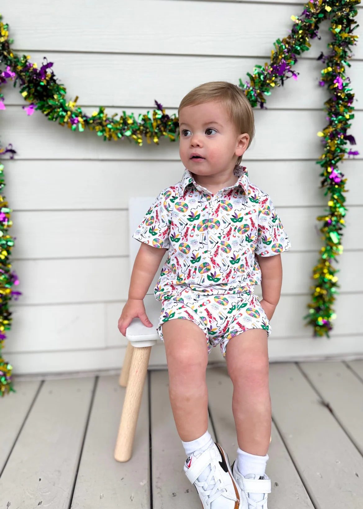 Sawyer + Spade X Hemline Mardi Gras Toddler Boy Polo Romper