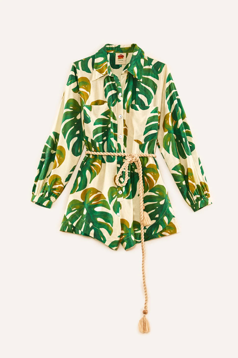 White Monstera Long Sleeve Romper
