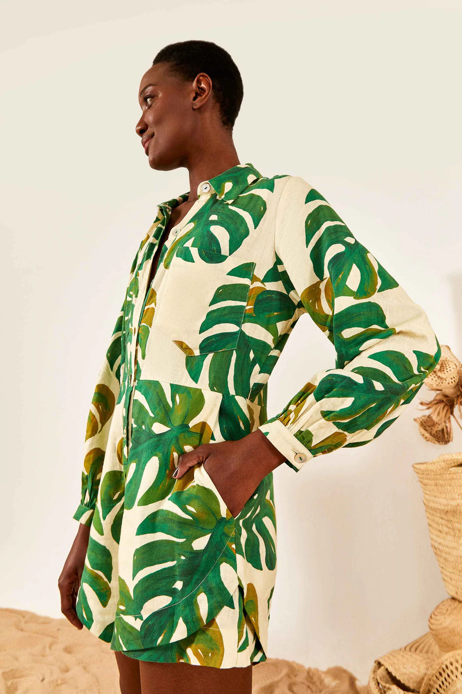 White Monstera Long Sleeve Romper