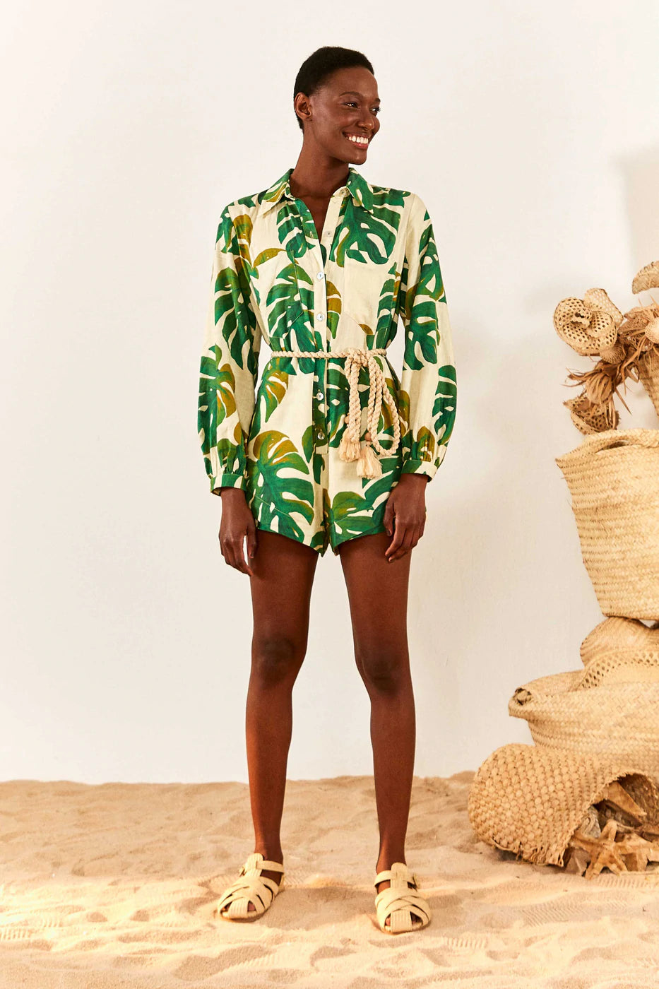 White Monstera Long Sleeve Romper