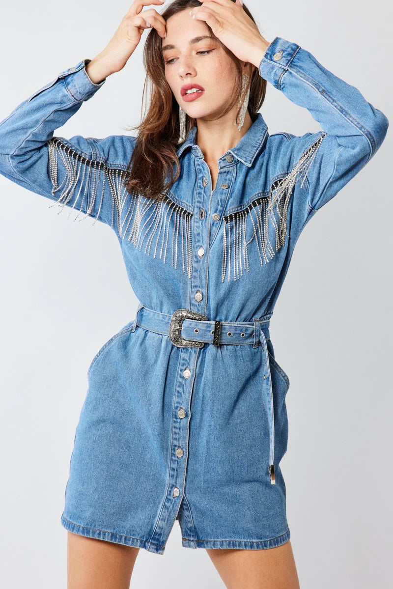 white christmas dresses CHIC AF DENIM MINI DRESS WITH FEATHERS – AKIRA