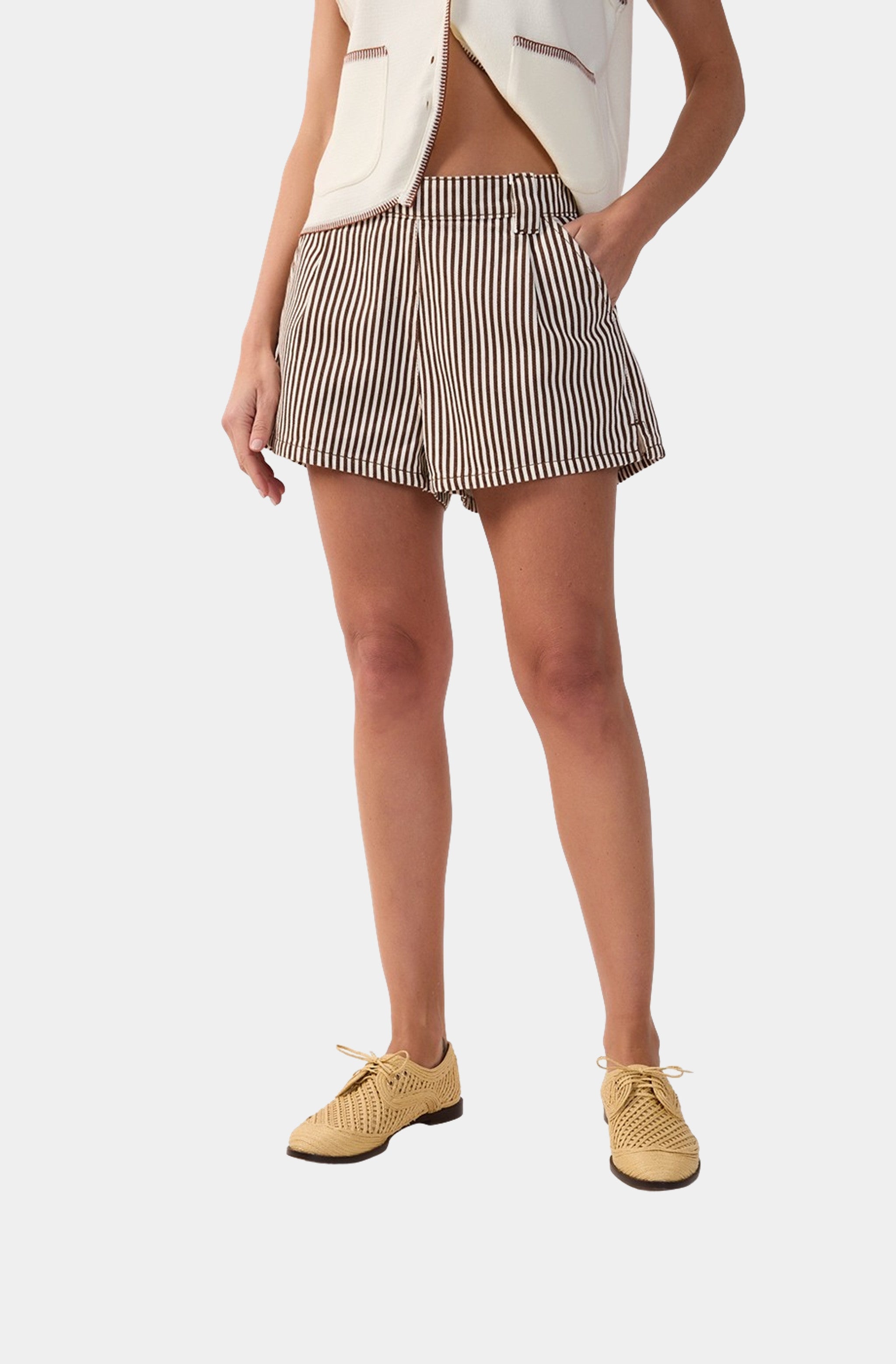 Brown Stripes Pockets Belt Loops Twill Shorts