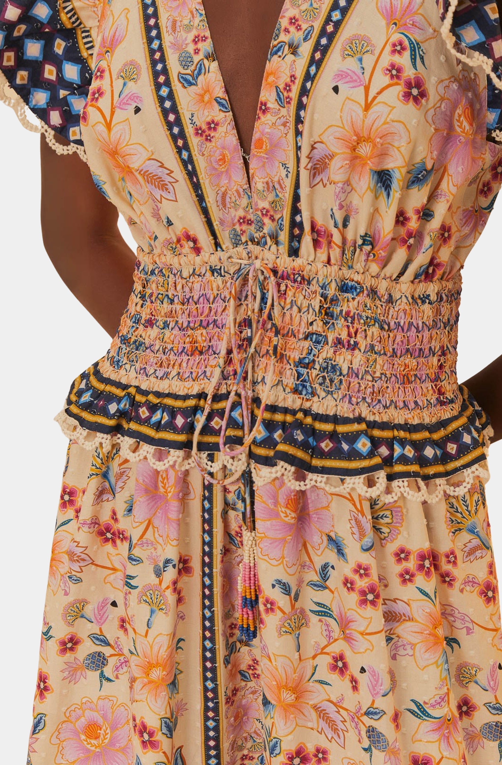 farm rio cream superbloom tapestry maxi dress Farm Rio Superbloom Tapestry Ruffle Maxi Dress