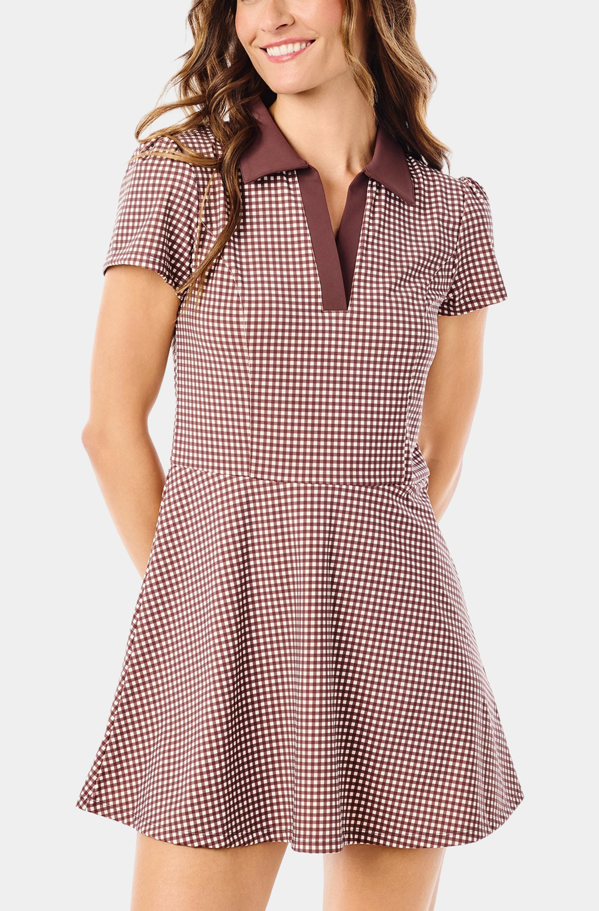 Cricket Active Dress in Milk Chocolate Gingham — front
