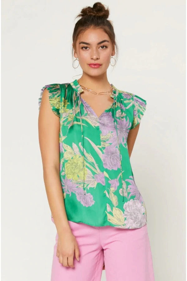 Floral Print Pleated Sleeveless Blouse