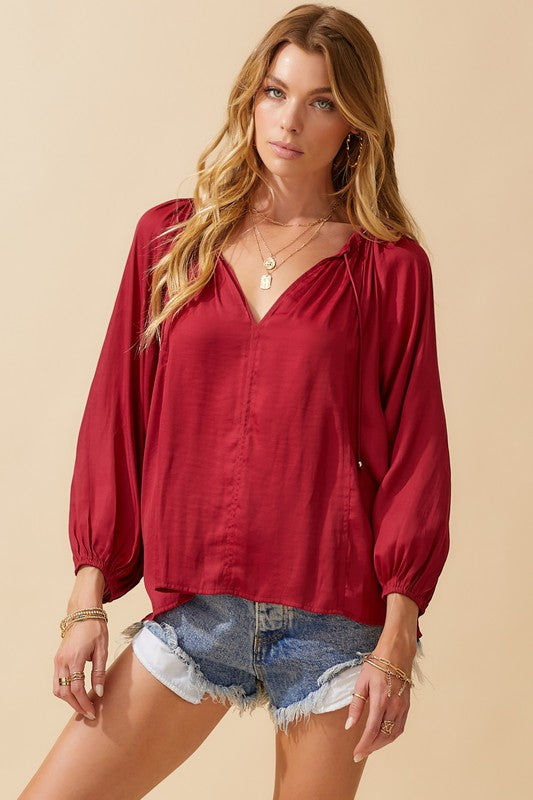 Ruched Neck Flowy Satin Top