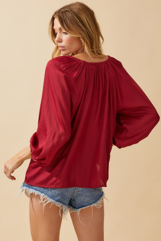 Ruched Neck Flowy Satin Top