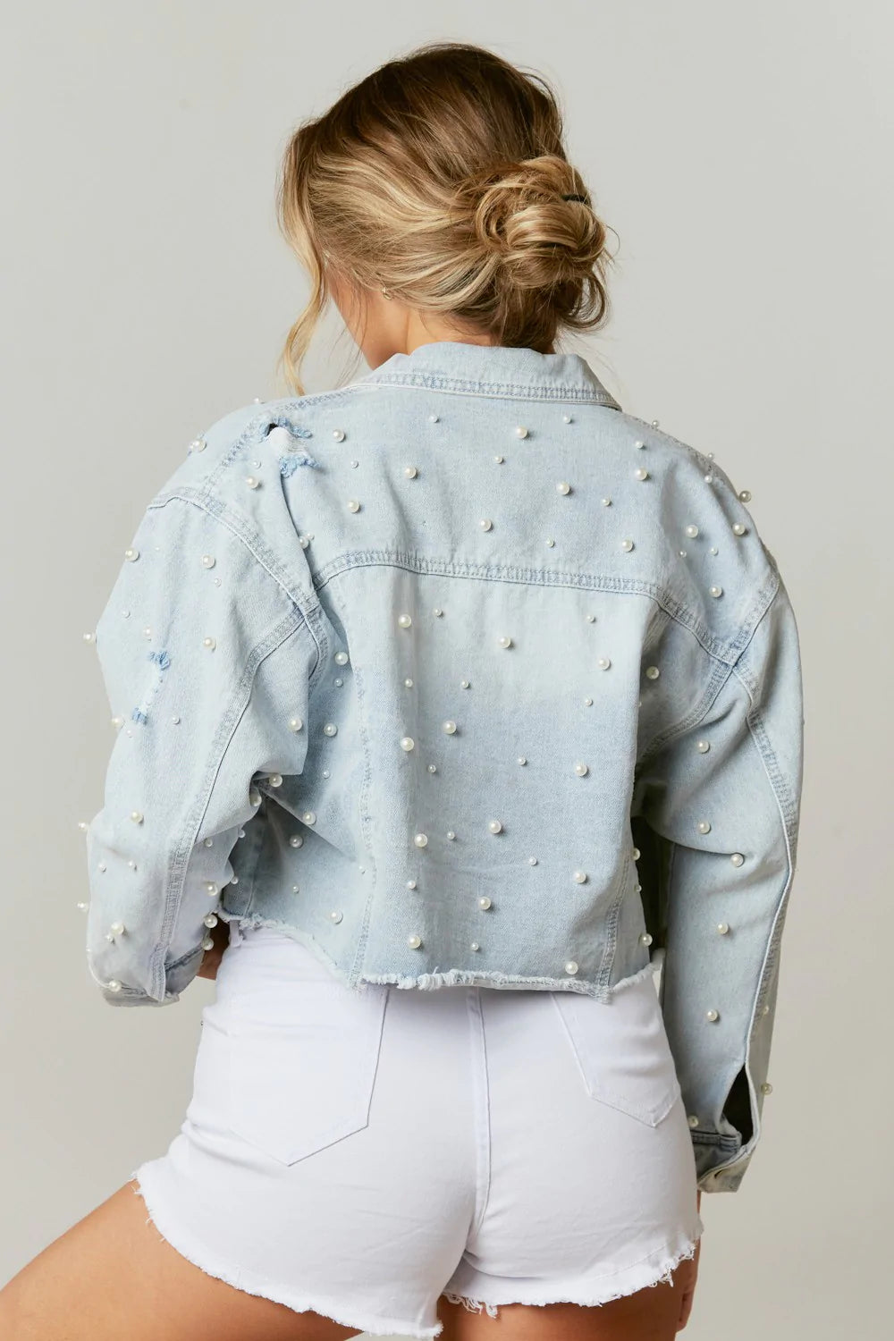 Pearl Studded Cropped Denim Jacket