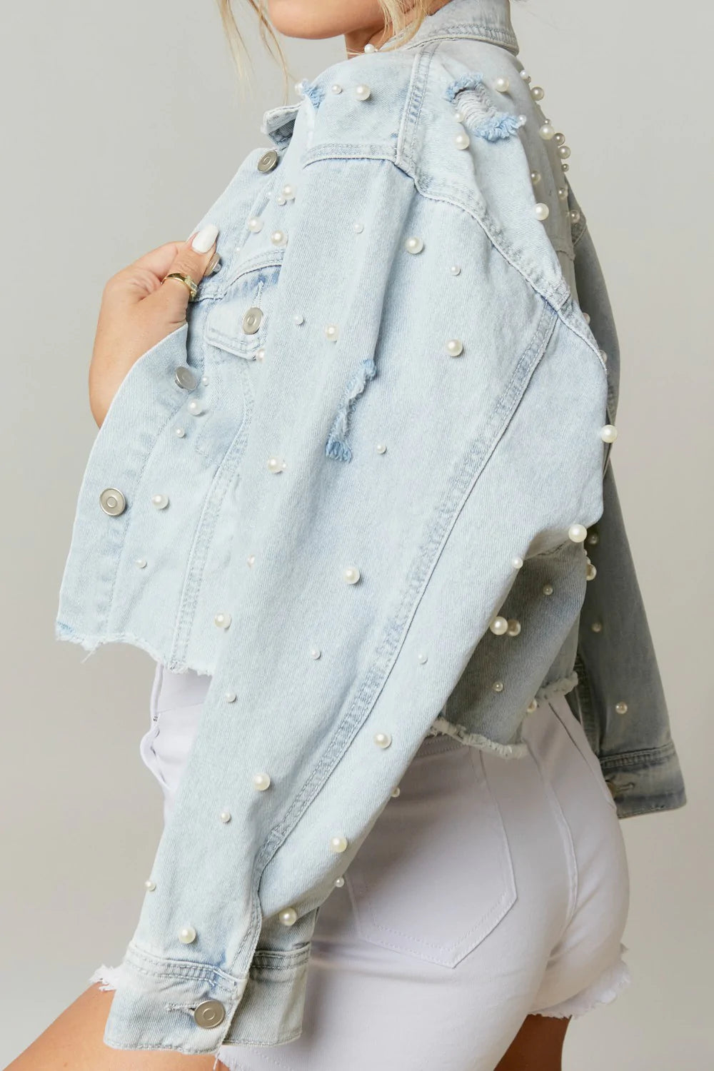 Pearl Studded Cropped Denim Jacket