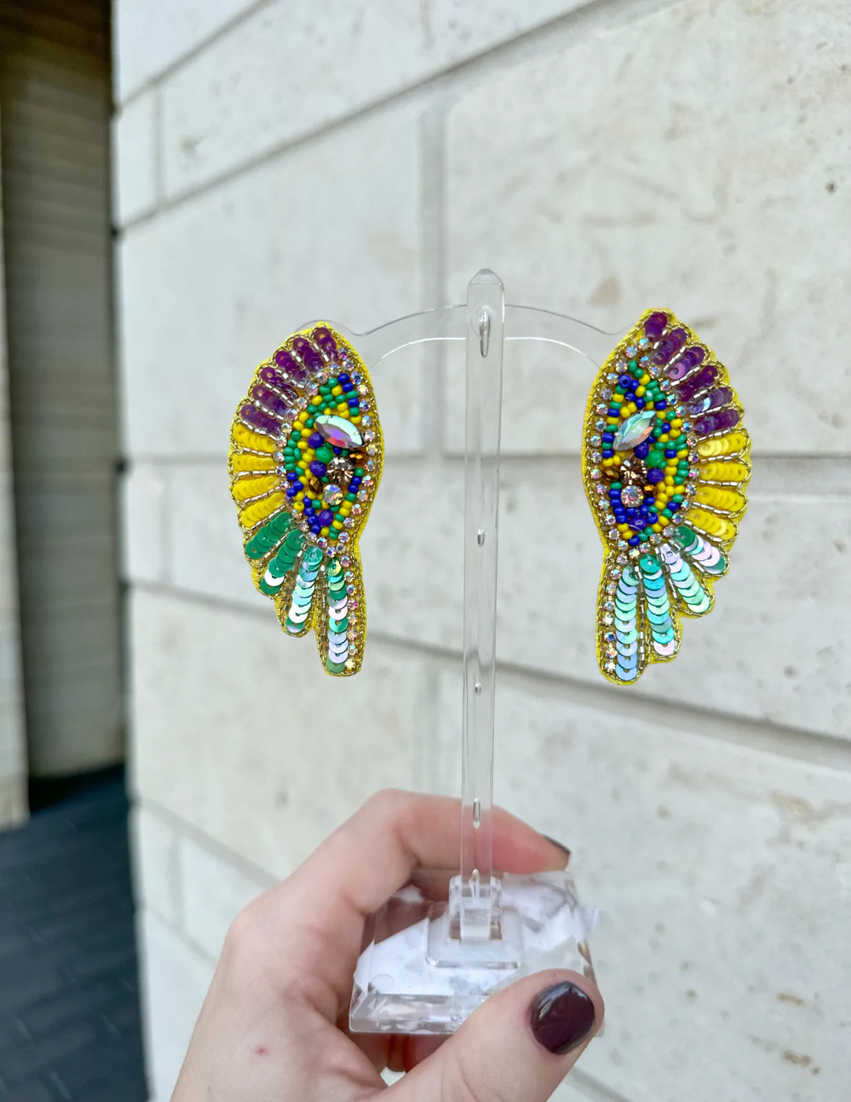 Mardi Gras Beaded Wing Earrings